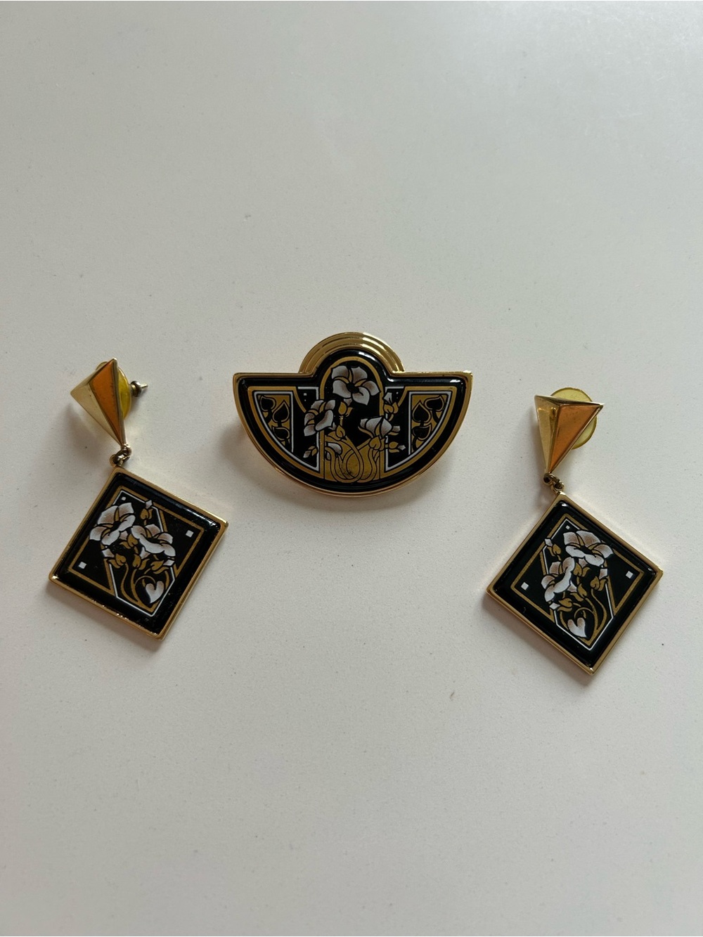 Michaela Frey Team Brooch and Earrings Set - Black and White Floral Art on Gold